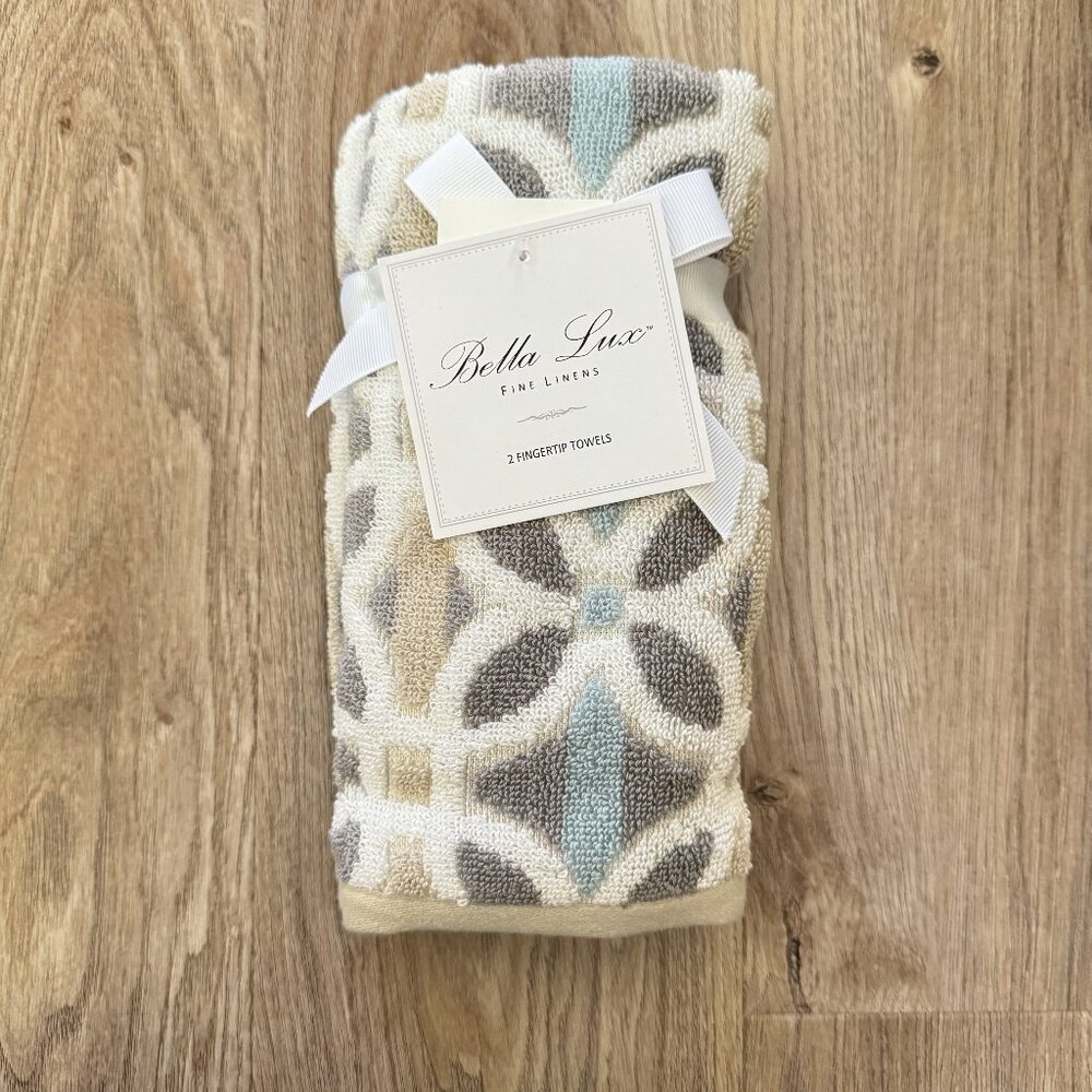 2 Bella Lux PAIGE DROP Flowers Gray Taupe White Blue Bathroom Fingertip Towels